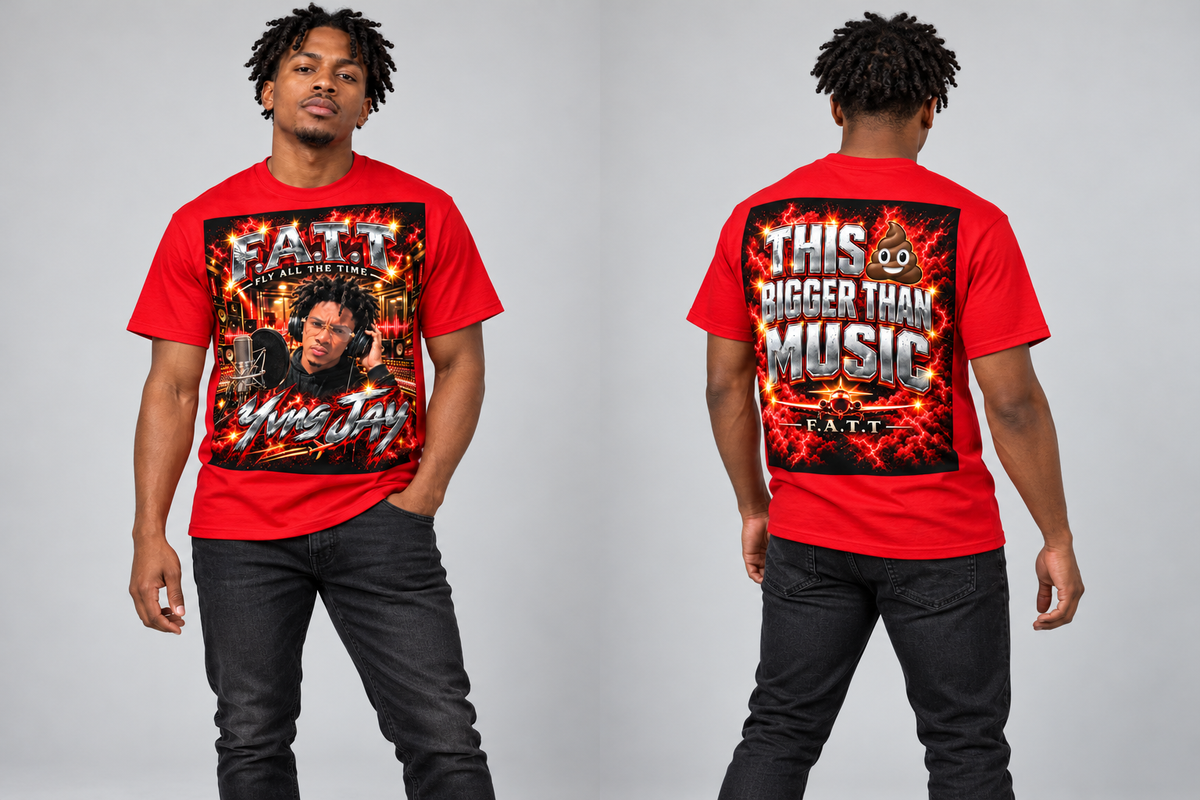 AI styling mockup: Black male model wearing the red F.A.T.T Yvng Jay tee, front and back, with natural fabric folds.