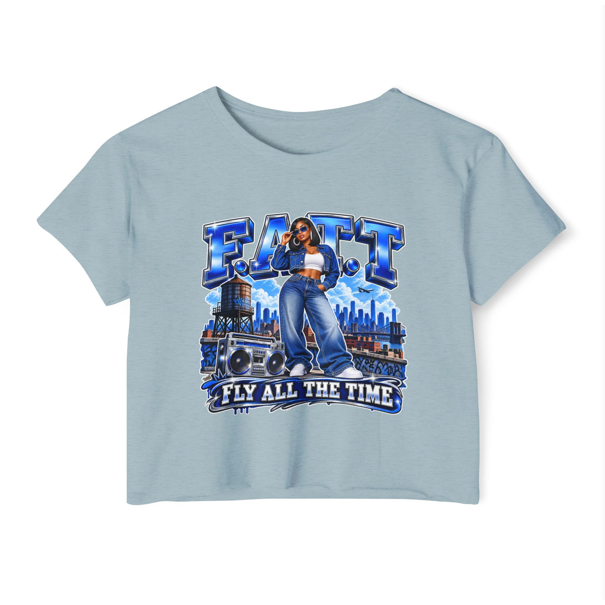 F.A.T.T Women's Royal Blue Denim Graphic Crop Top