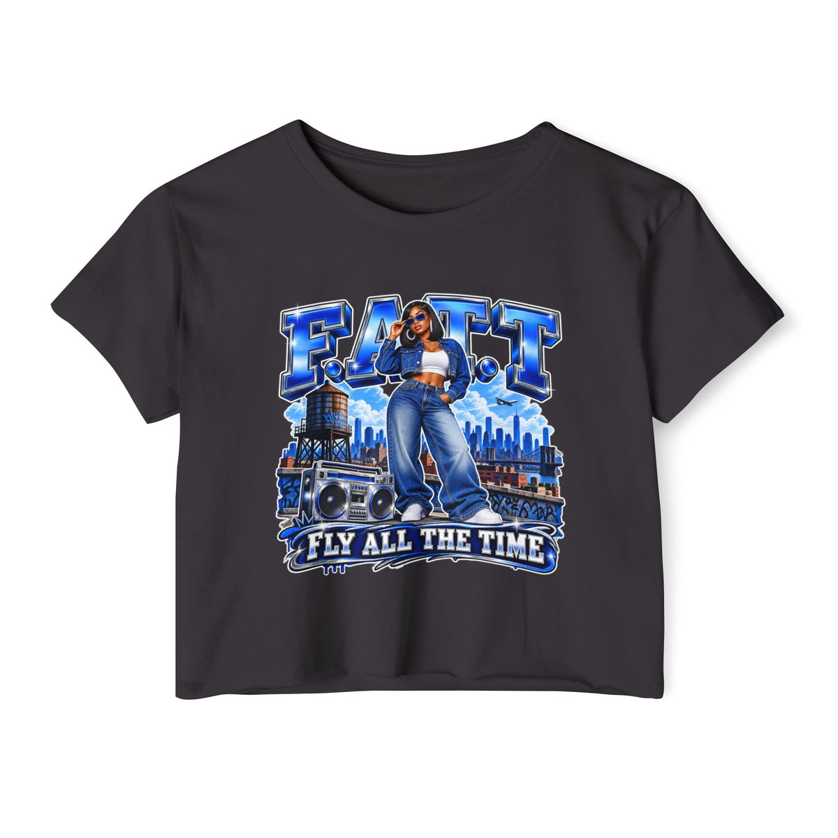 F.A.T.T Women's Royal Blue Denim Graphic Crop Top