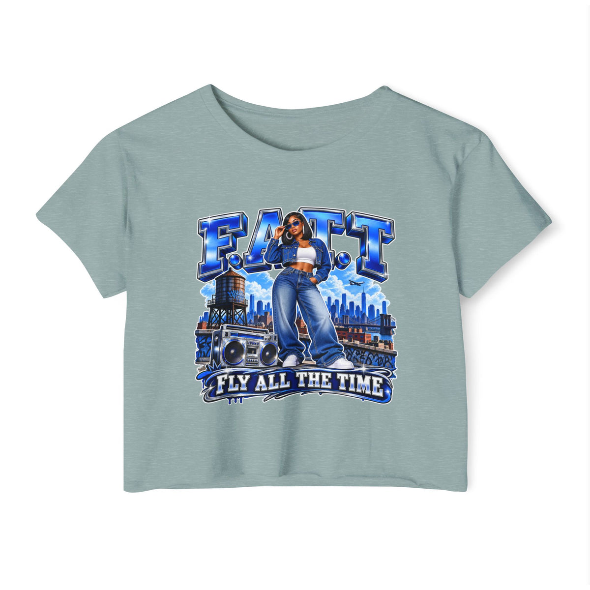 F.A.T.T Women's Royal Blue Denim Graphic Crop Top