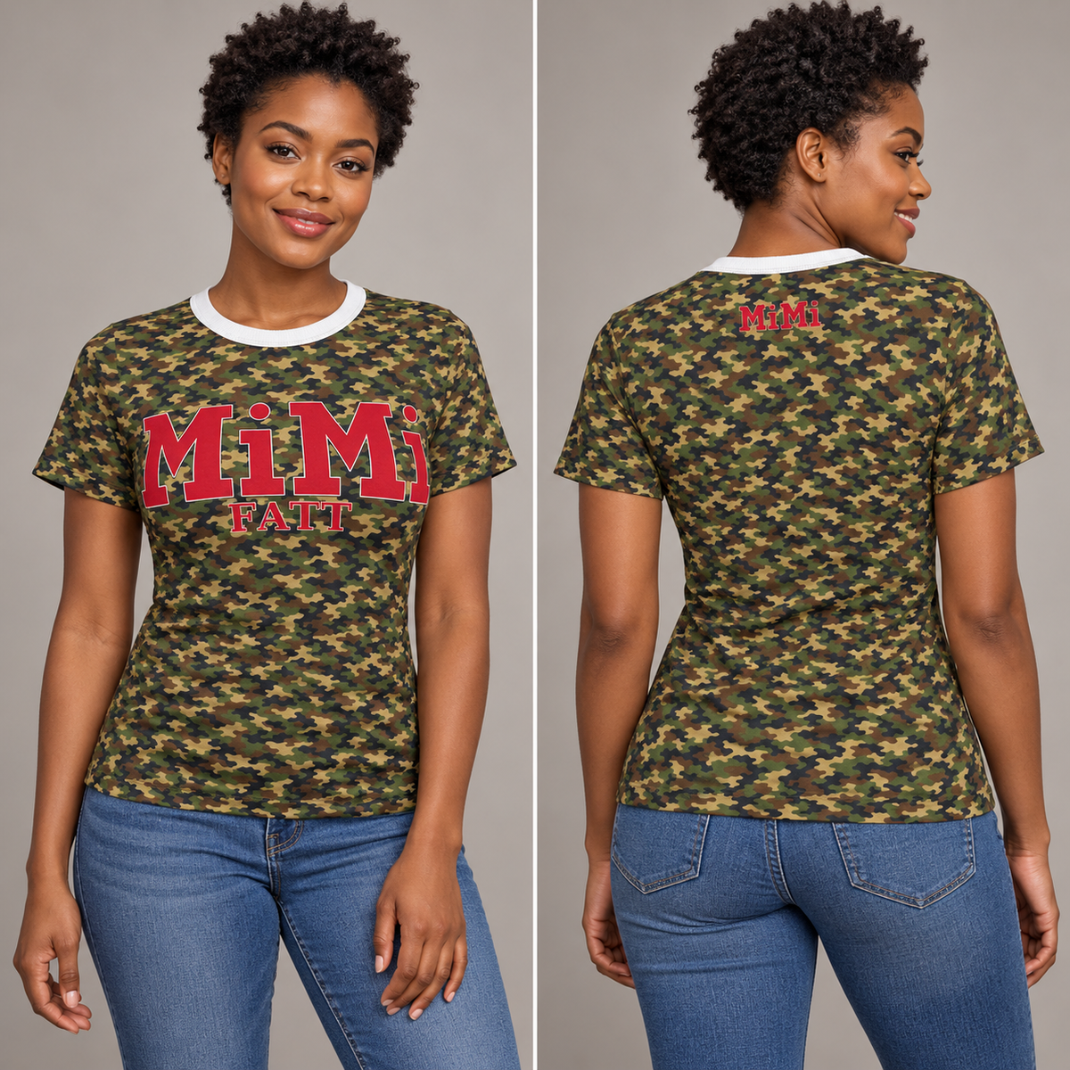 AI-styled model mockup of the MiMi by FATT camouflage and red tee, showing front and back.