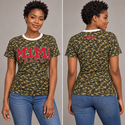 AI-styled model mockup of the MiMi by FATT camouflage and red tee, showing front and back.