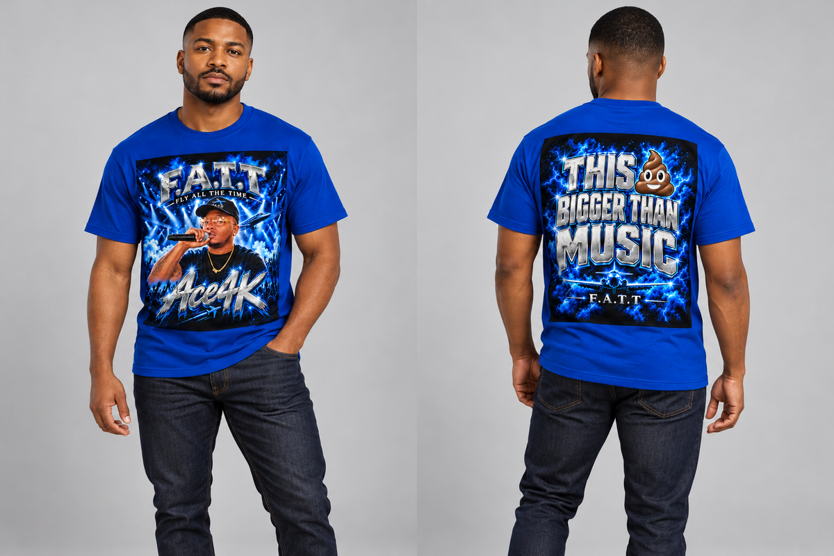 AI styling mockup: Black male model wearing the royal blue F.A.T.T Ace4K tee, front and back, with natural fabric folds.