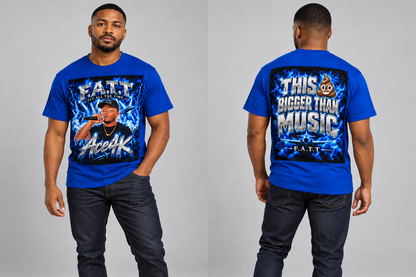 AI styling mockup: Black male model wearing the royal blue F.A.T.T Ace4K tee, front and back, with natural fabric folds.