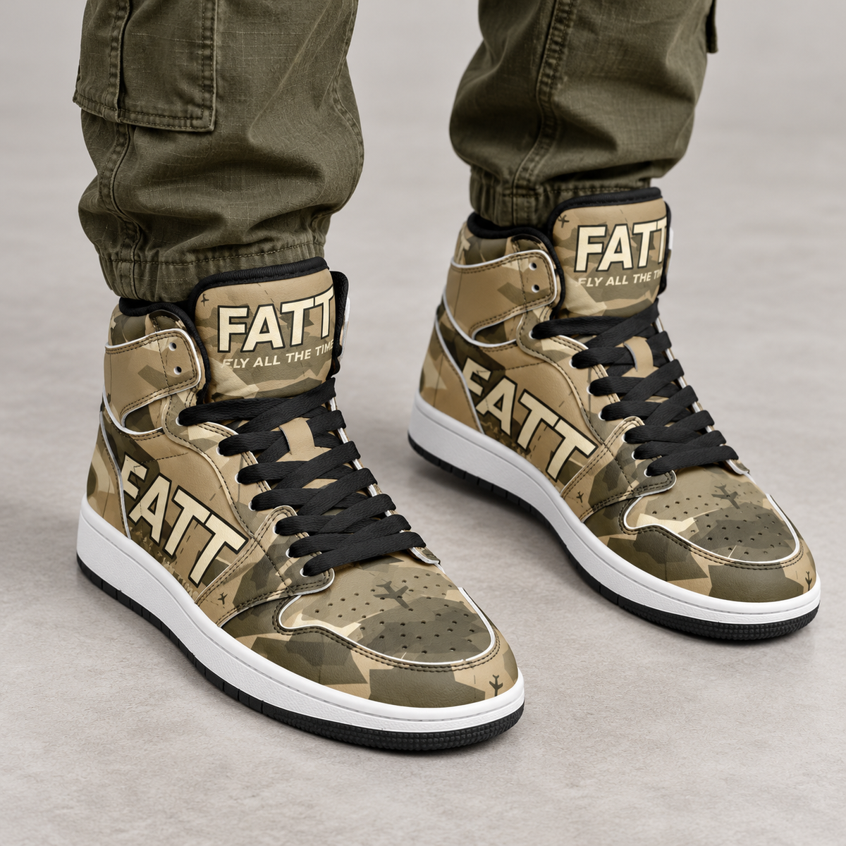 FATT Desert Camo Motion High Top — front three-quarter on-foot view