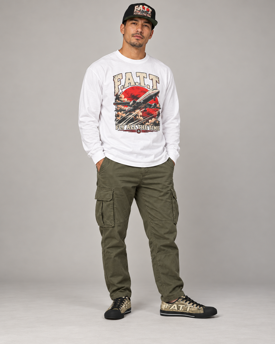 FATT Desert Camo Urban Peak Low — full outfit with coordinating FATT clothing and cap