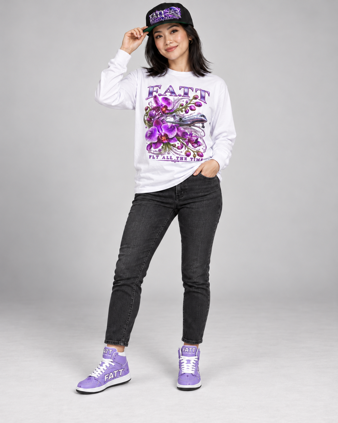 FATT Lilac Wings Motion High Top — full outfit with coordinating FATT clothing and cap