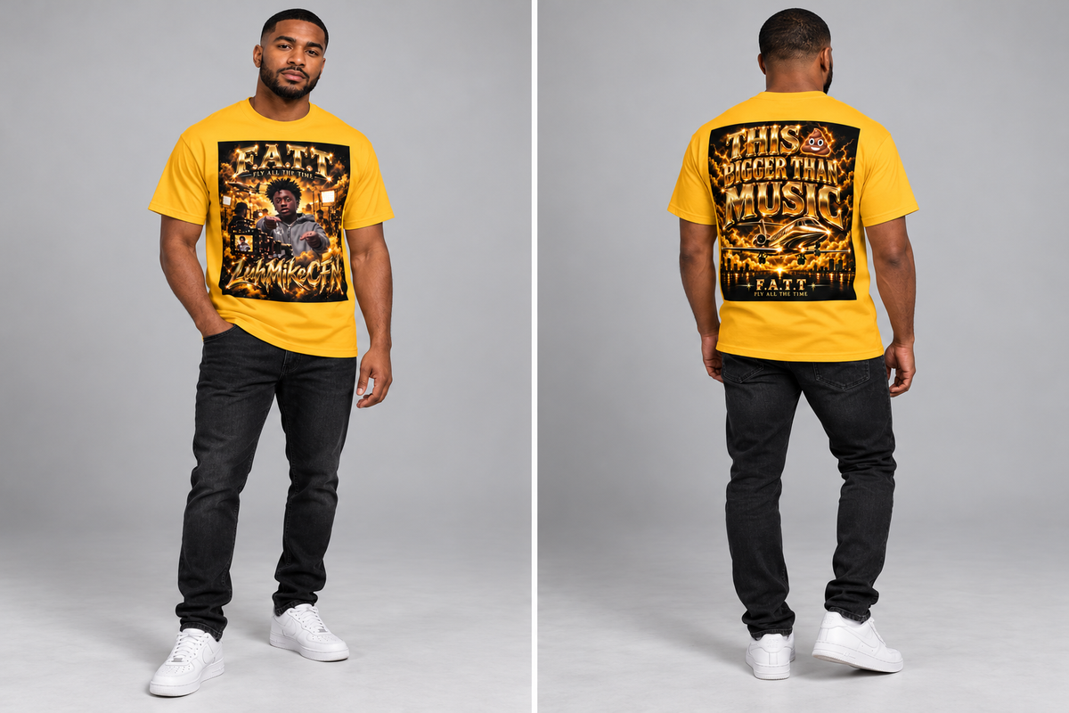 AI styling mockup: Black male model wearing the gold F.A.T.T LuhMikeCFN tee, front and back, with natural fabric folds.