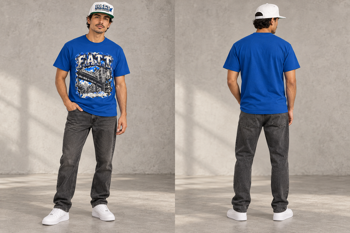 F.A.T.T Royal Blue City Flight, model front and back views with matching snapback