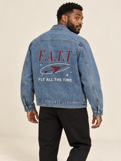 AI styling mockup — F.A.T.T Men's Flight Denim Jacket — Burgundy / Cream on an adult model. See product photos for garment details.