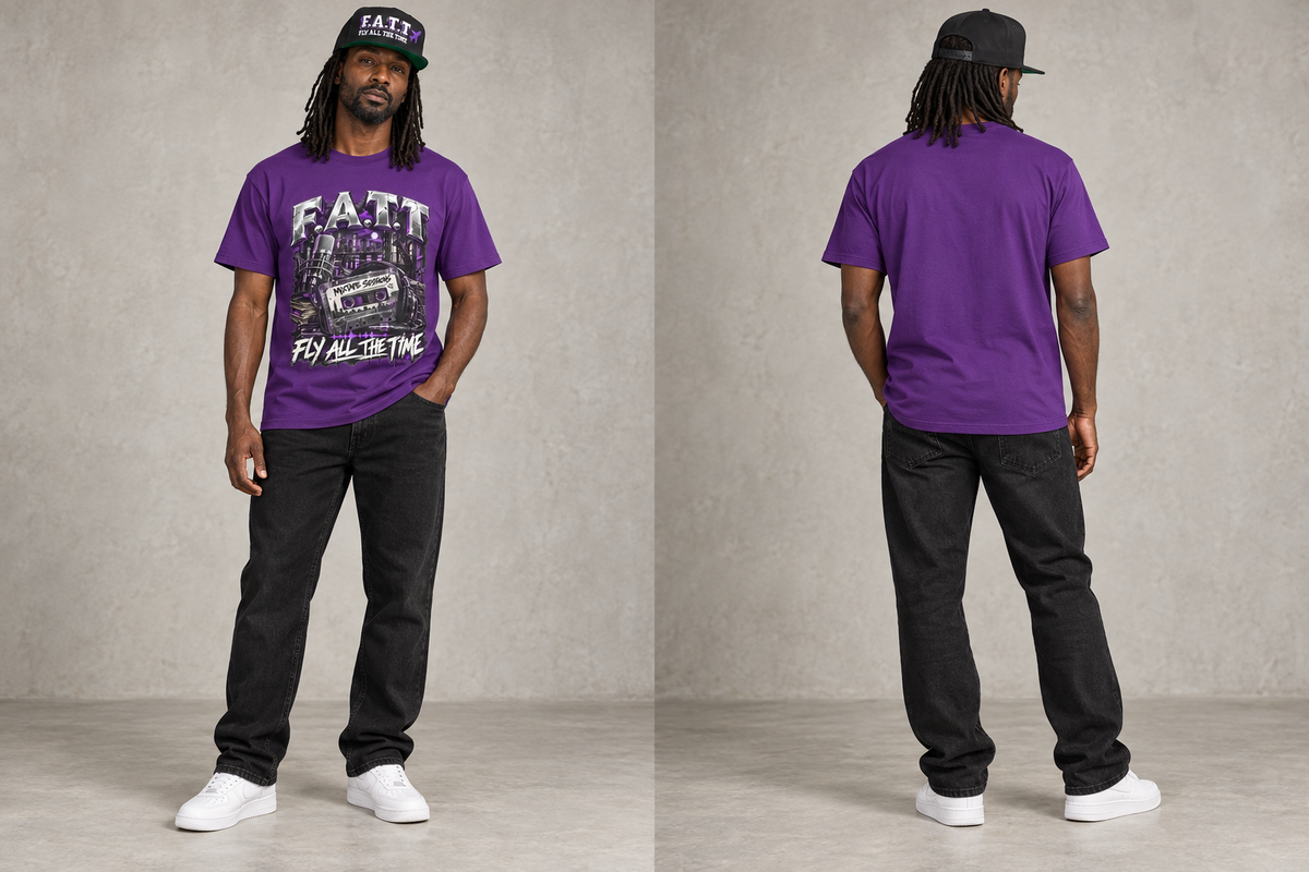 F.A.T.T Purple Mixtape, model front and back views with matching snapback