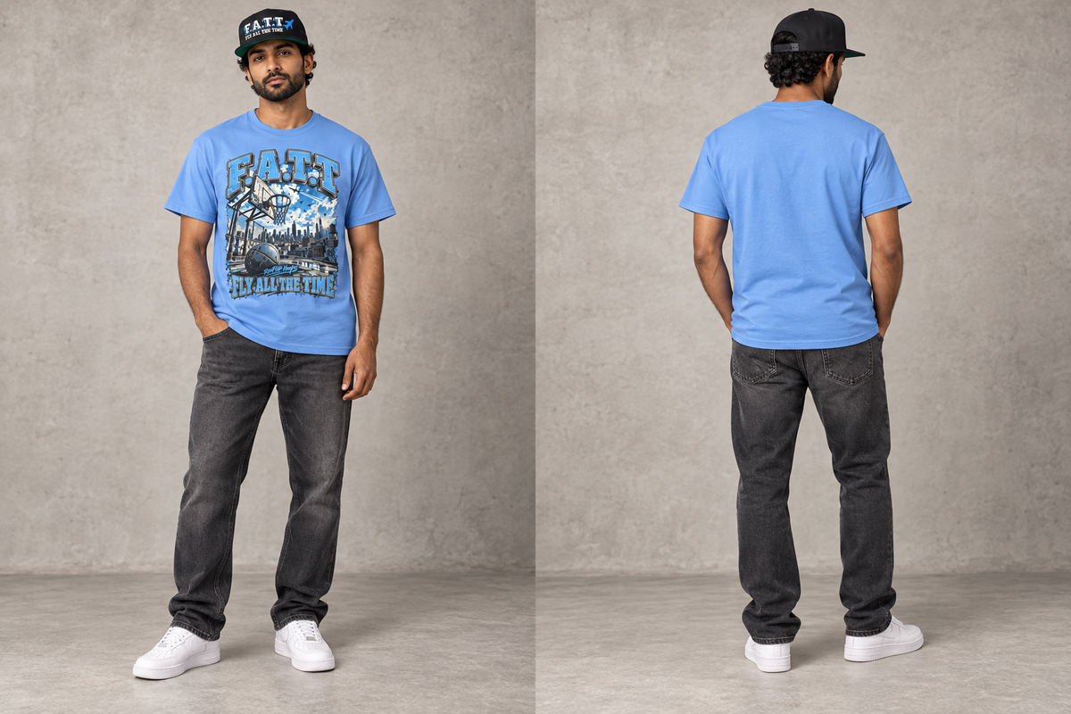 F.A.T.T Light Blue Rooftop Hoops, model front and back views with matching snapback