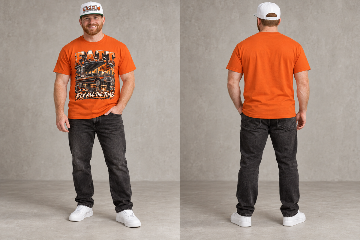 F.A.T.T Orange Street Rider, model front and back views with matching snapback