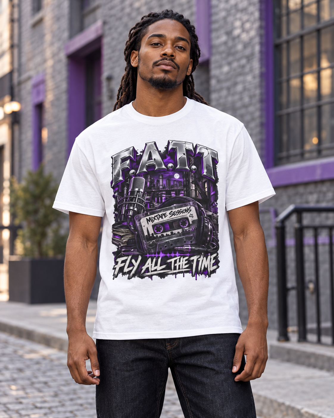 Male model wearing the white F.A.T.T Mixtape graphic tee