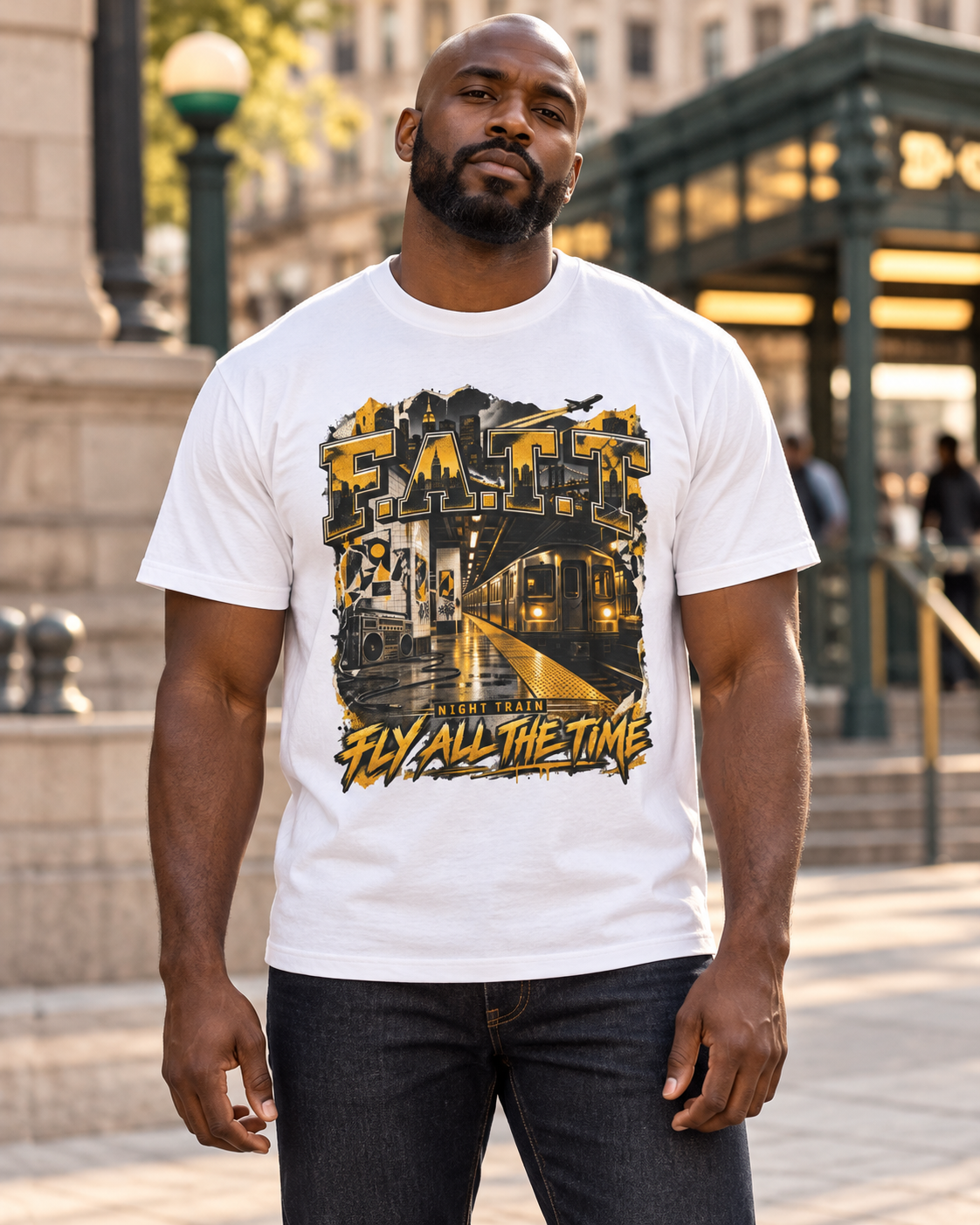 Male model wearing the white F.A.T.T Night Train graphic tee