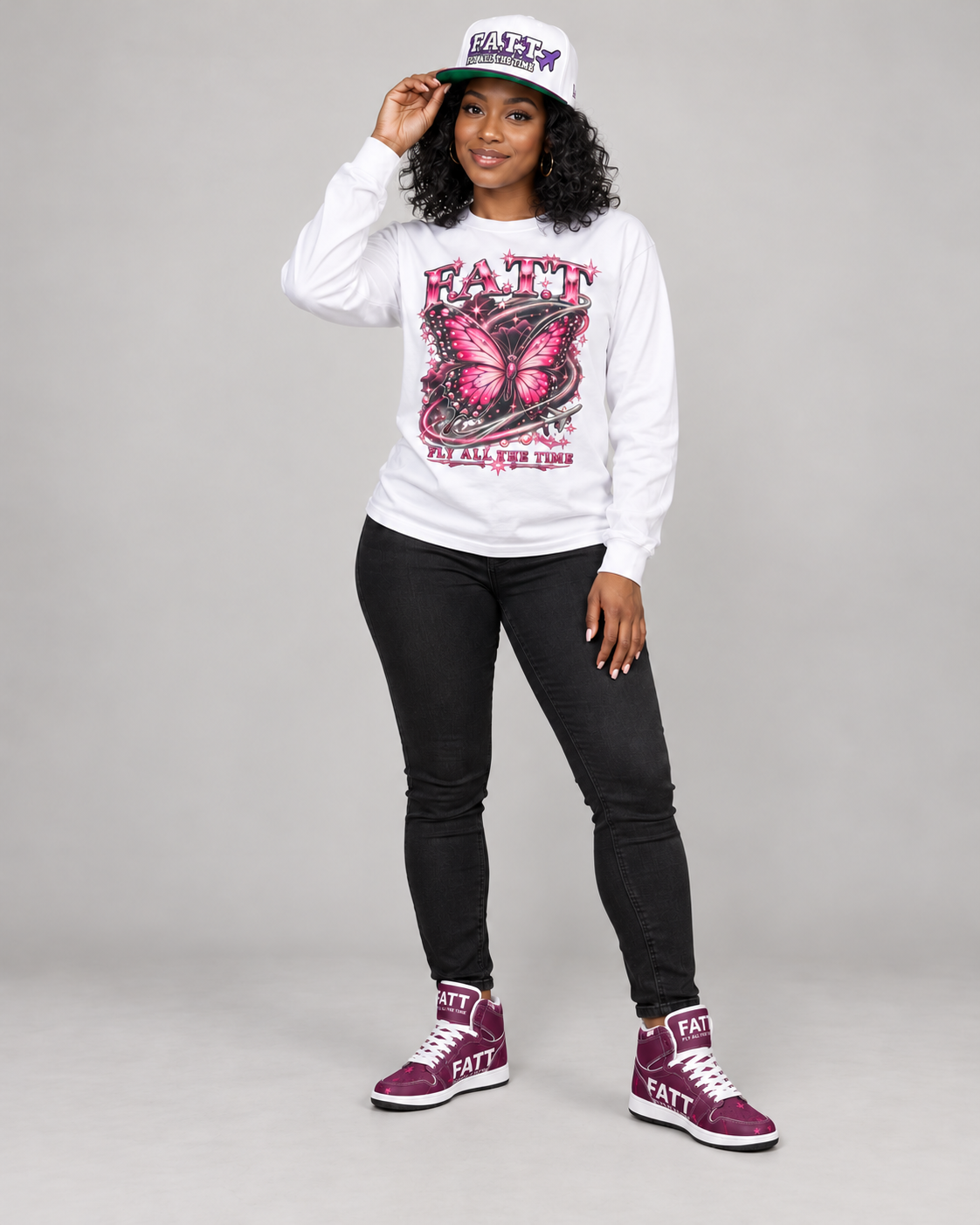 FATT Pink Crush Motion High Top — full outfit with coordinating FATT clothing and cap