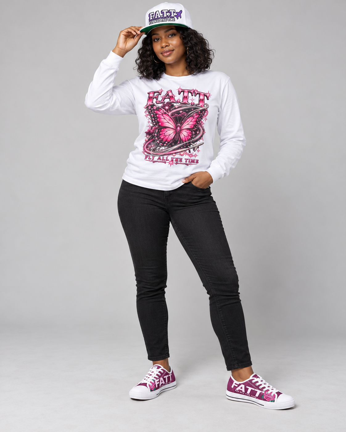 FATT Pink Crush Urban Peak Low — full outfit with coordinating FATT clothing and cap