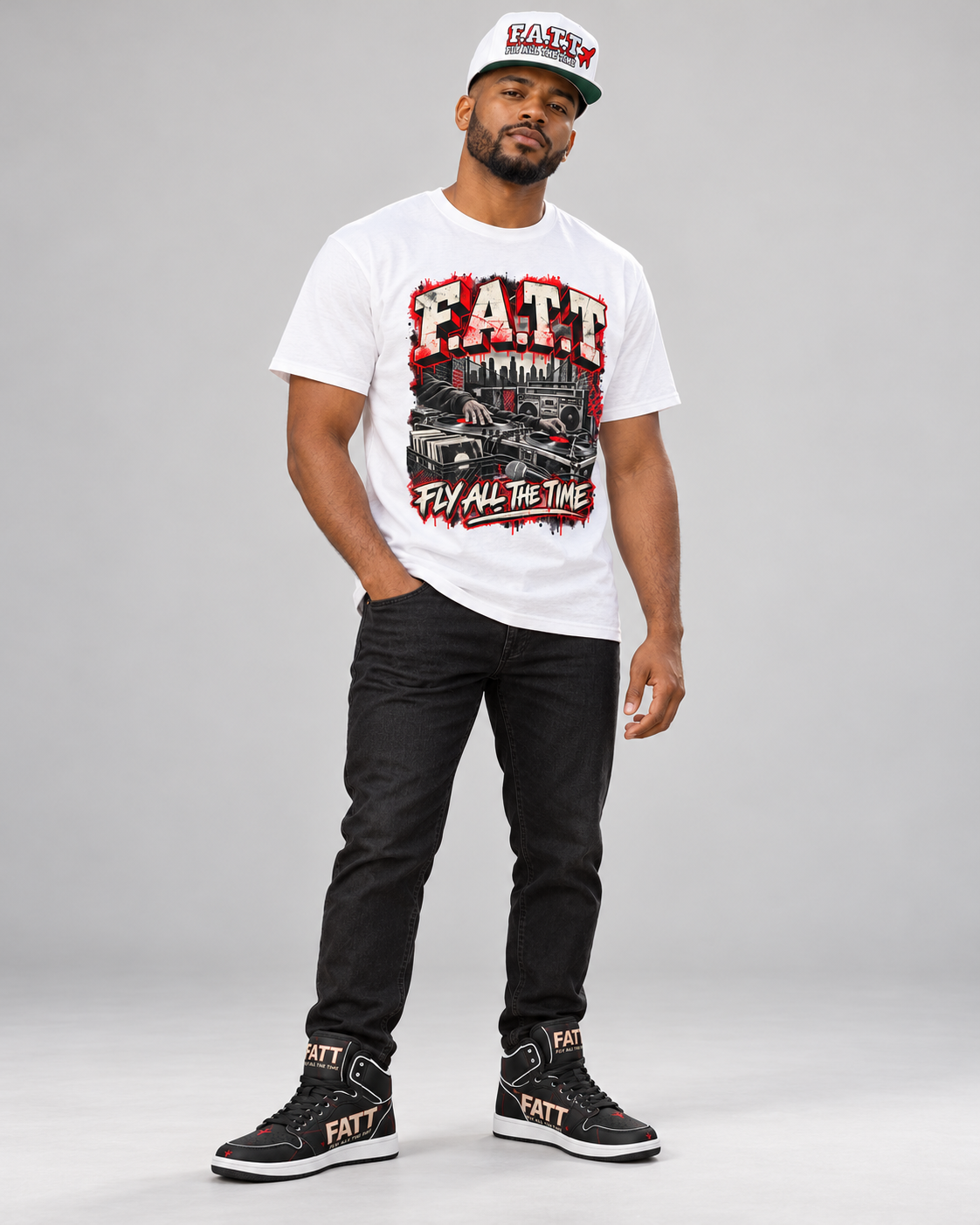 FATT Redline Motion High Top — full outfit with coordinating FATT clothing and cap