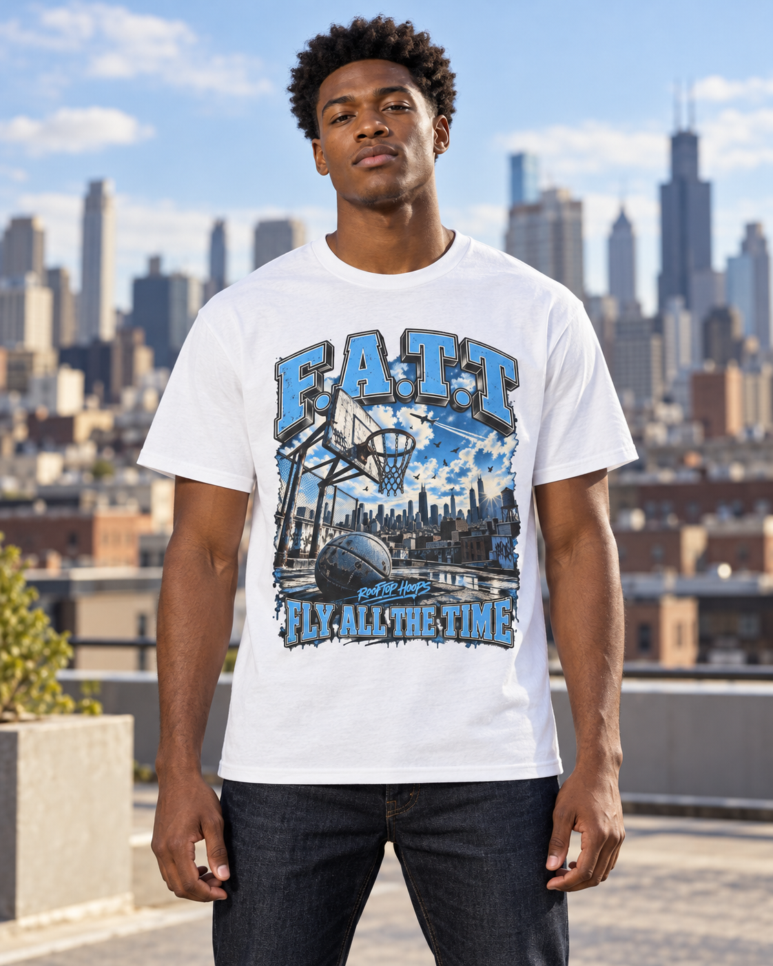 Male model wearing the white F.A.T.T Rooftop Hoops graphic tee