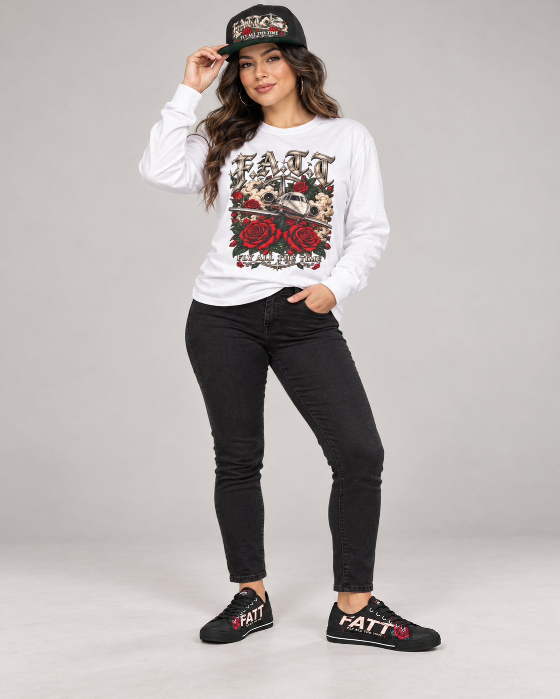 FATT Rose Noir Urban Peak Low — full outfit with coordinating FATT clothing and cap