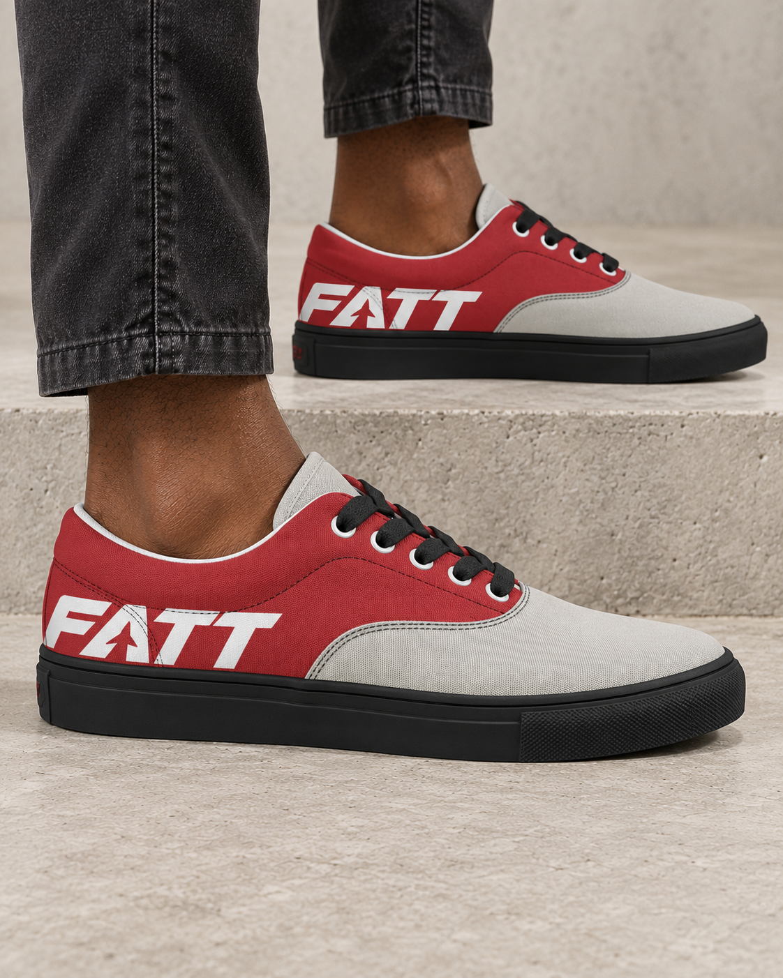 FATT Turntable Men's Lace Up Canvas Shoe - Black — model view with complete FATT lettering
