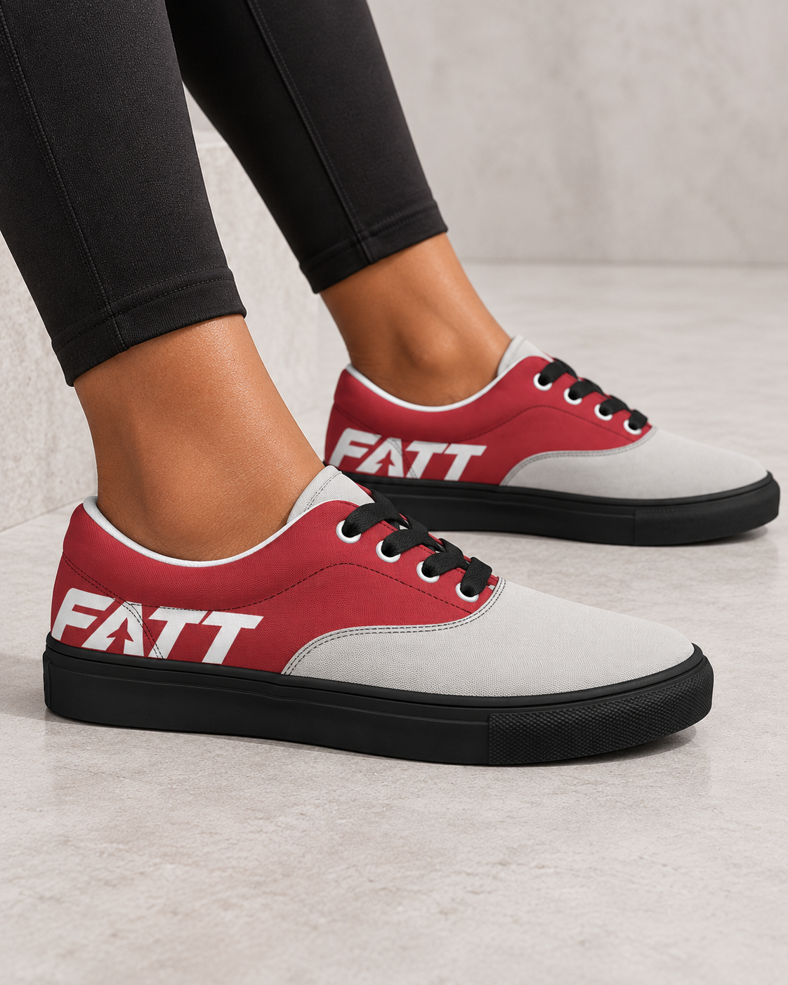 FATT Turntable Women's Lace Up Canvas Shoe - Black — model view with complete FATT lettering