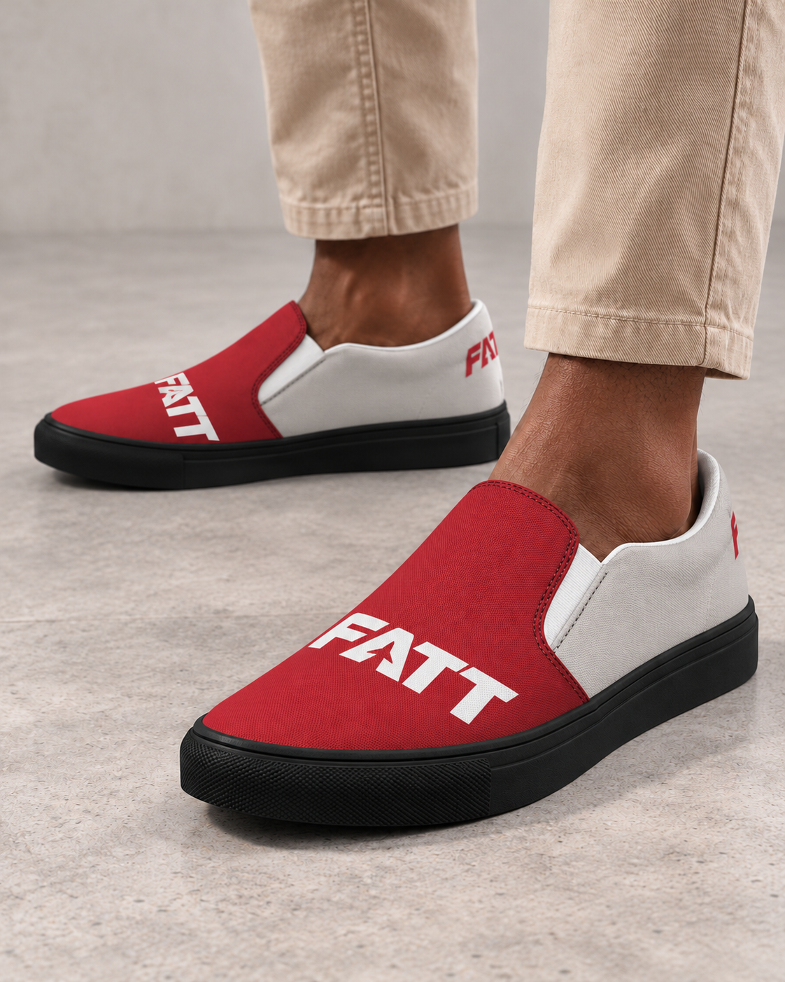 FATT Turntable Men's Slip-On Canvas Shoe - Black — model close-up with corrected FATT lettering