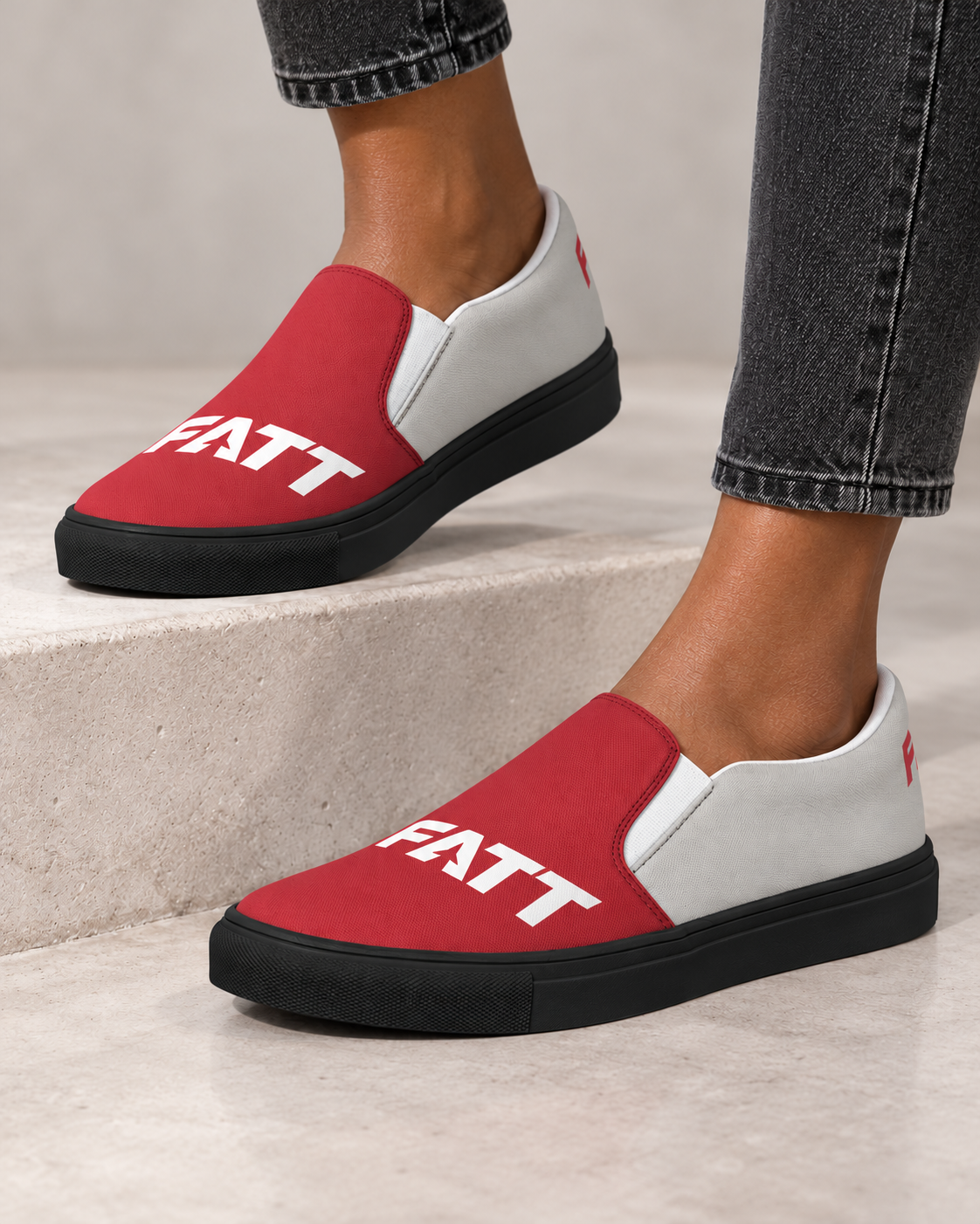 FATT Turntable Women's Slip-On Canvas Shoe - Black — model close-up with corrected FATT lettering