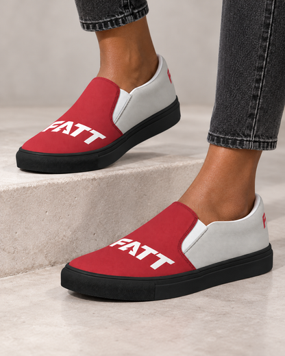 FATT Turntable Women's Slip-On Canvas Shoe - Black — model close-up with corrected FATT lettering
