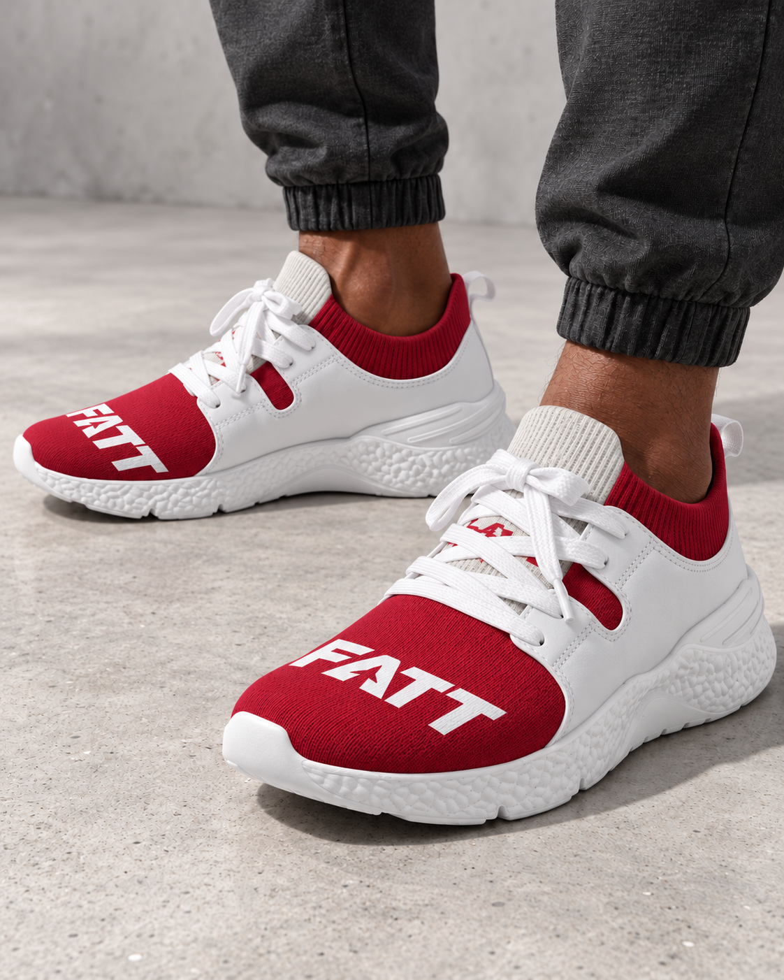 FATT Turntable Men's Two-Tone Sneaker — model close-up with corrected FATT lettering