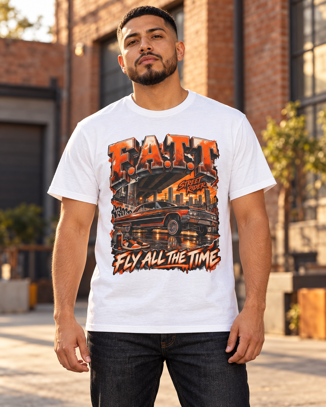 Male model wearing the white F.A.T.T Street Rider graphic tee