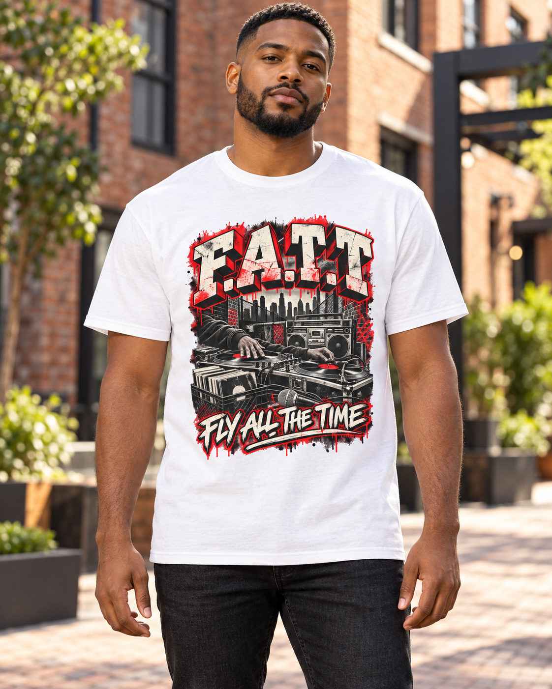 Male model wearing the white F.A.T.T Turntable graphic tee with red, cream and black artwork
