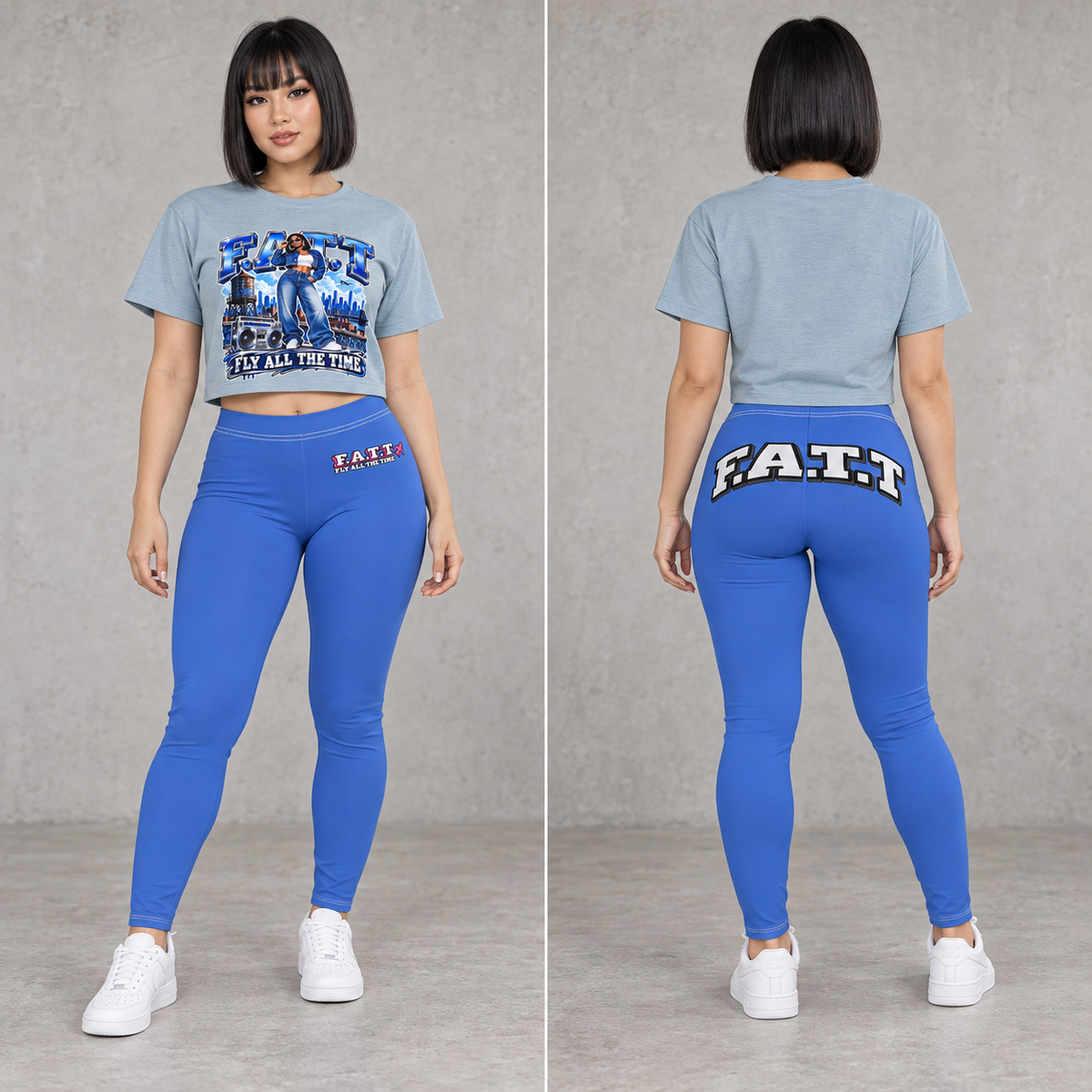 F.A.T.T Denim Blue crop + Royal Blue leggings, model front and back views