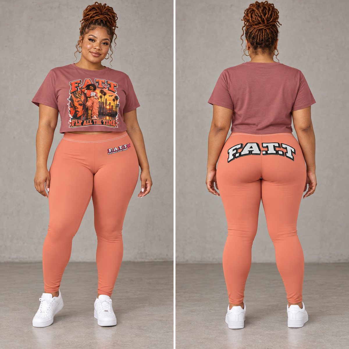 F.A.T.T Paprika crop + Coral leggings, model front and back views