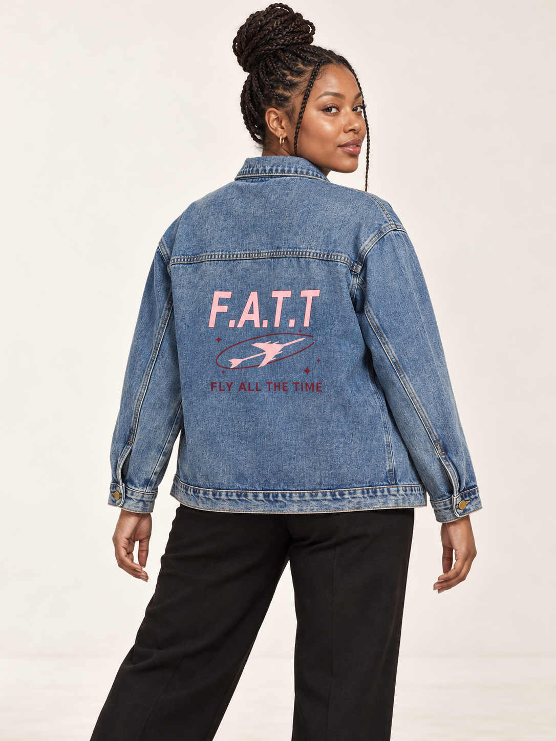 AI styling mockup — F.A.T.T Women's Flight Denim Jacket — Blush / Burgundy on an adult model. See product photos for garment details.