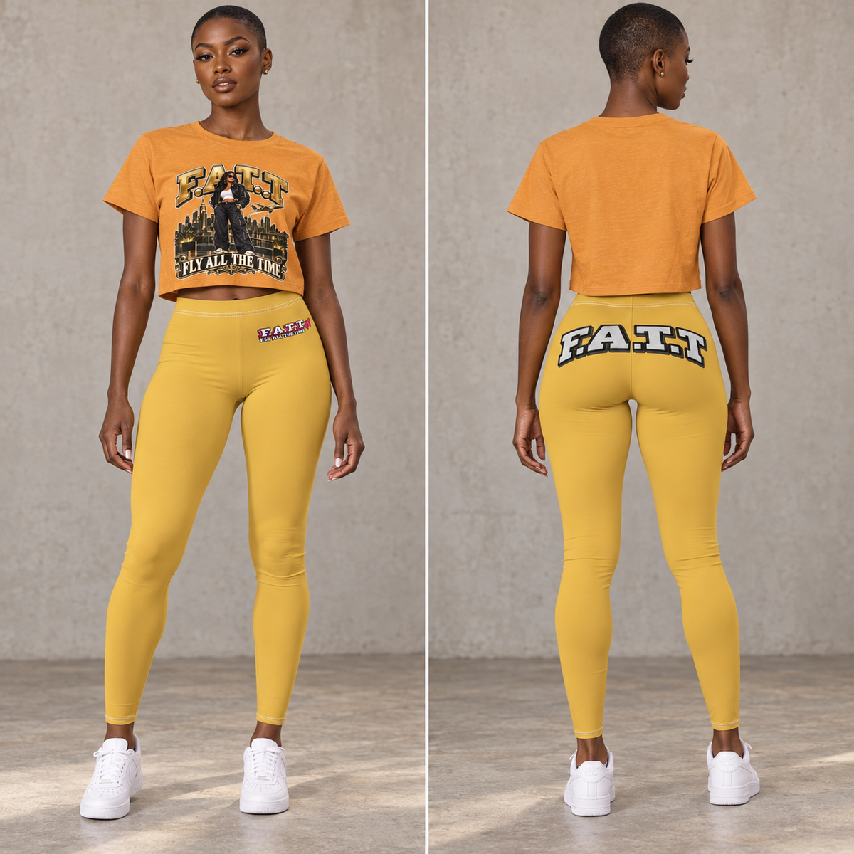 F.A.T.T Gold crop + Gold leggings, model front and back views
