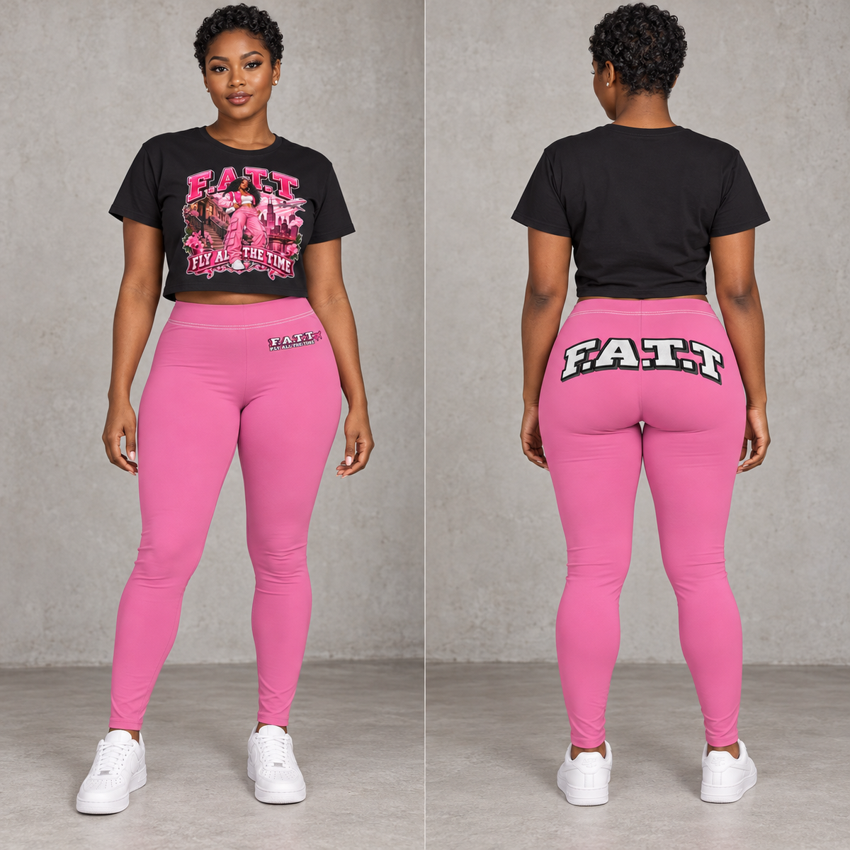 F.A.T.T Black crop + Pink leggings, model front and back views