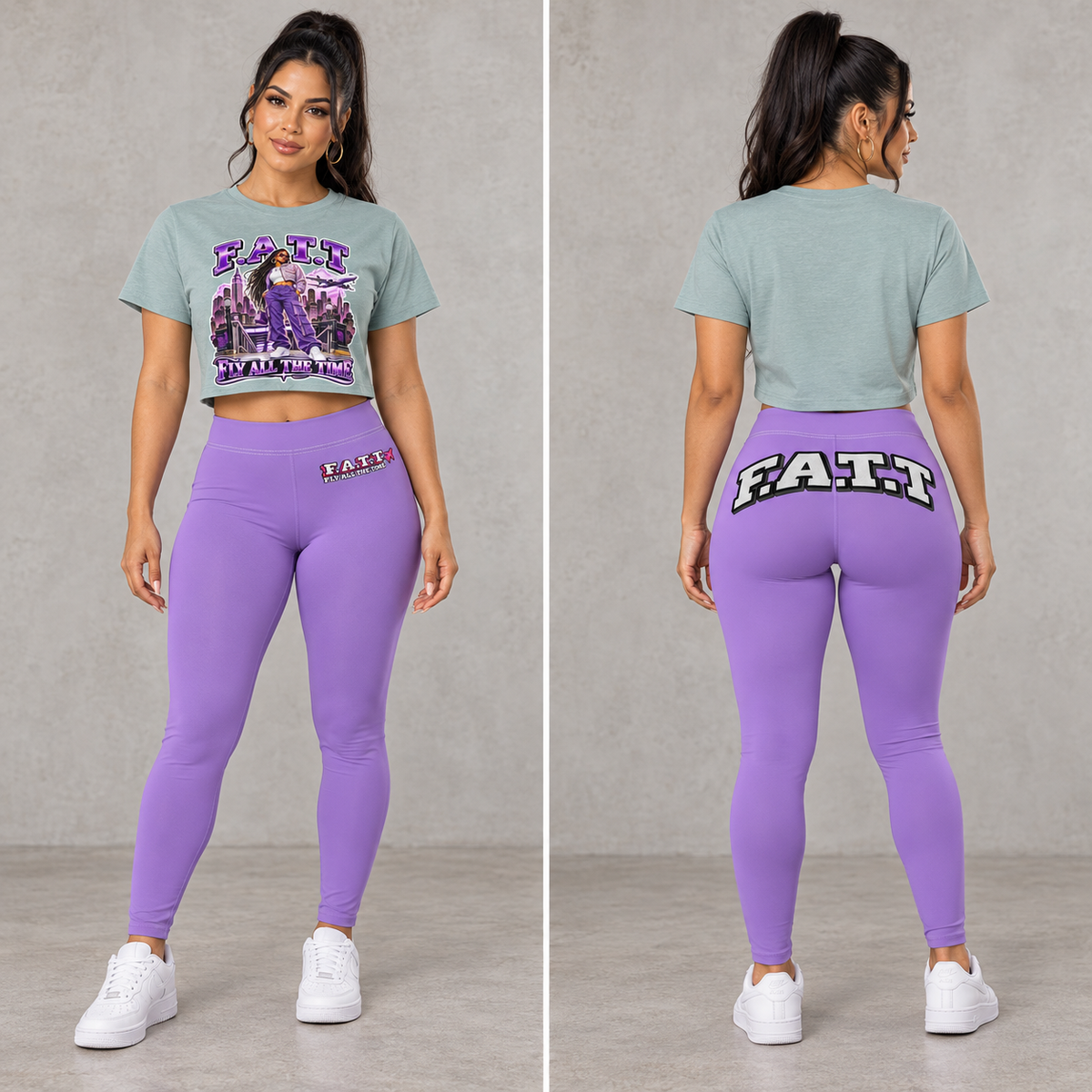 F.A.T.T Pale Green crop + Purple leggings, model front and back views