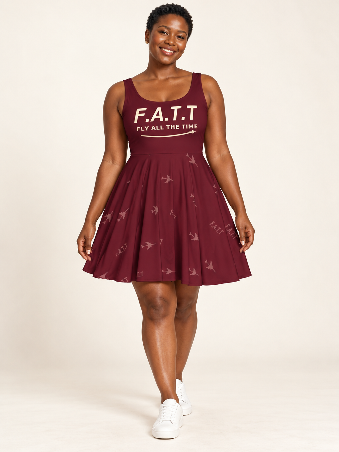 AI styling mockup — F.A.T.T Women's Flight Skater Dress — Burgundy / Cream on an adult model. See product photos for garment details.