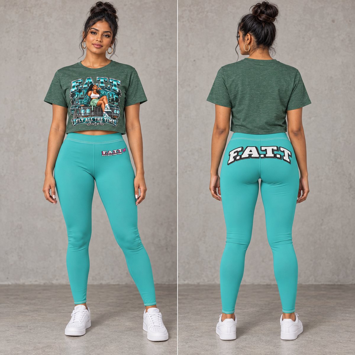 F.A.T.T Pine Green crop + Teal leggings, model front and back views